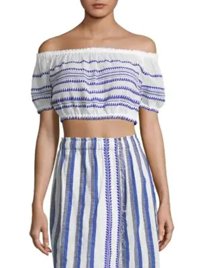 Shop Lemlem Lulu Stripe Off-the-shoulder Crop Top In Blue