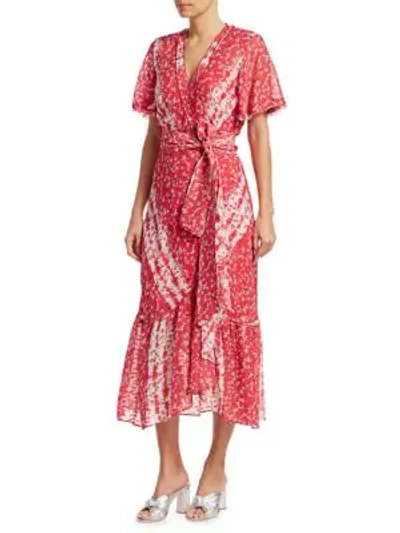 Shop Tanya Taylor Blaire Printed Asymmetric Wrap Dress In Ditsy Floral Stripe Guava