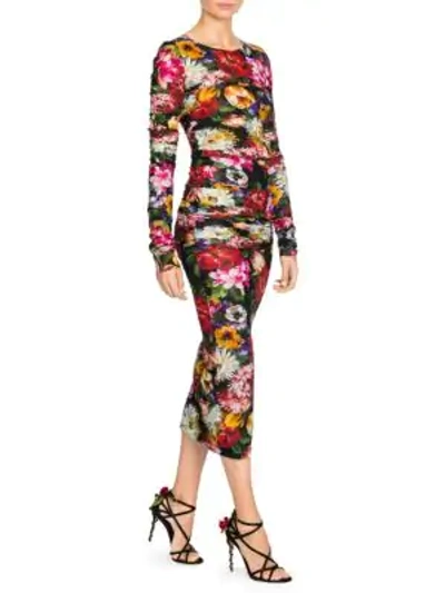 Shop Dolce & Gabbana Ruched Floral Midi Sheath Dress In Black Multi