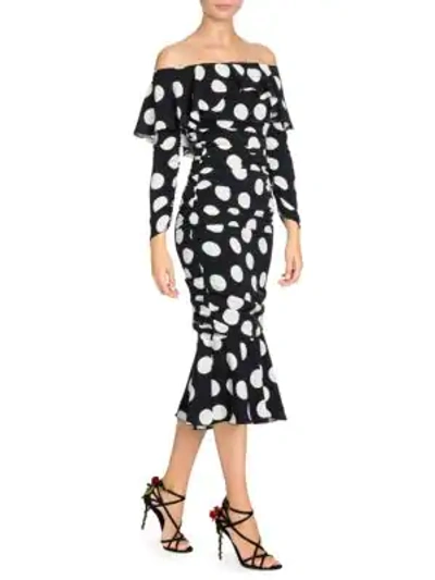 Shop Dolce & Gabbana Stretch Silk Polka-dot Midi Trumpet Dress In Black White