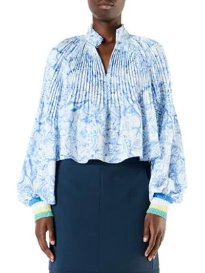 Shop Tibi Isa Toile Cropped Puff-sleeve Blouse In White Blue Multi