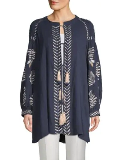 Shop Kas New York Riely Embroidered Cotton Tie-front Tunic In Navy