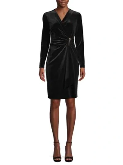 Shop Calvin Klein Long-sleeve Velvet Wrap Dress In Black