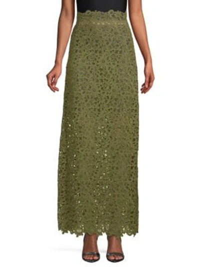 Shop Valentino Sheer Lace Maxi Skirt In Moss