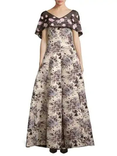 Shop Badgley Mischka Floral Brocade Cape Gown In Gold Multicolor