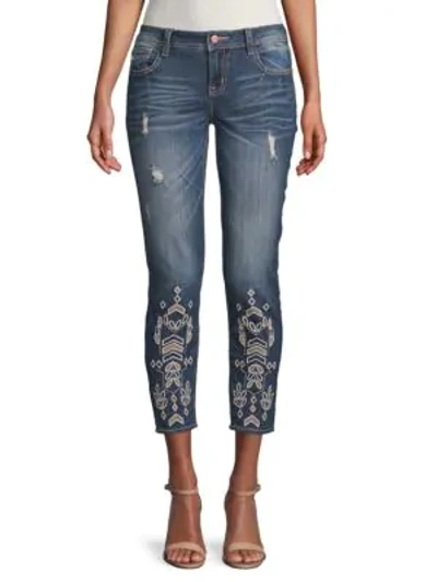Shop Miss Me Embroidered Eyelet Ankle-length Skinny Jeans In Dark Blue