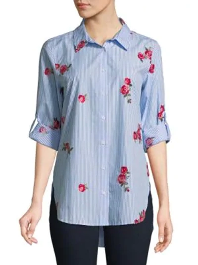 Shop Calvin Klein Floral Cotton Button-down Shirt In Chambray Multi