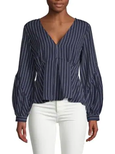 Shop 19 Cooper Pinstriped Puffed-sleeve Top In Navy Stripe