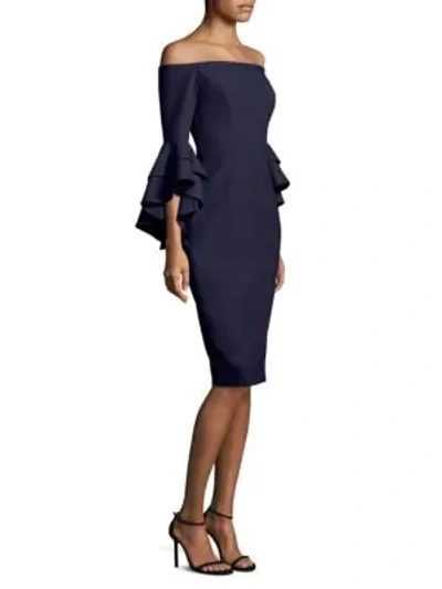 Shop Milly Selena Italian Cady Off-the-shoulder Bell-sleeve Dress In Navy