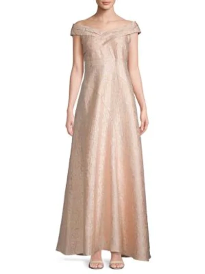 Shop Adrianna Papell Pleated Off-the-shoulder Floor-length Dress In Light Mink