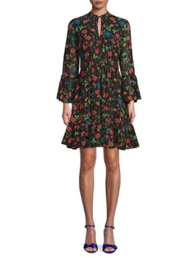 Shop Calvin Klein Floral Bell-sleeve Flare Dress In Black