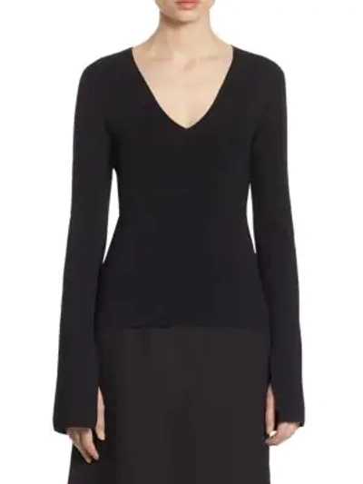 Shop Solace London Orlina Deep V-neck Knit Slit Sleeve Top In Black