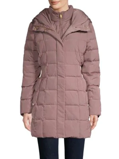 Shop Cole Haan Shirred-waist Hooded Quilted Down Coat In Mauve