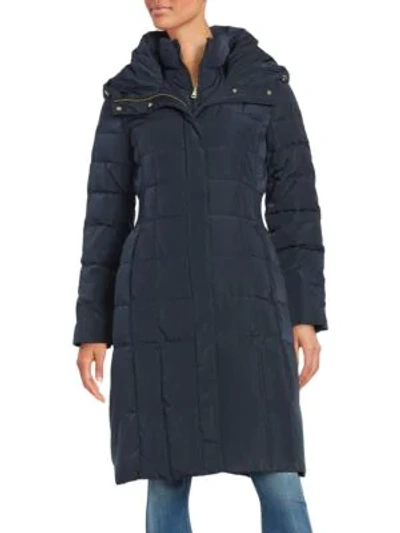 Cole Haan Women's Shirred-waist Hooded Quilted Down Coat In Navy Blue