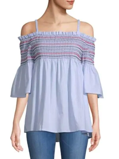 Shop Chelsea & Theodore Cold-shoulder Smocked Cotton Top In White Blue