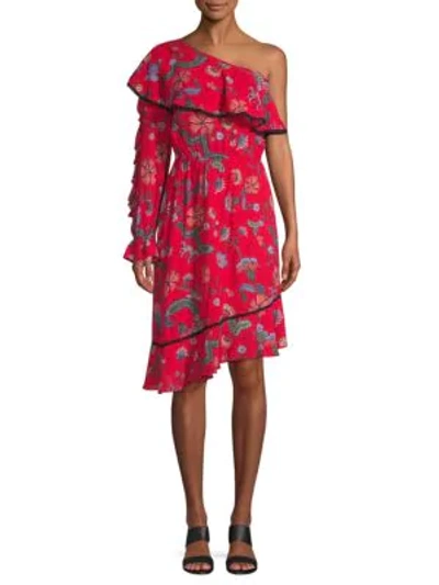 Shop Love Sam Floral One-shoulder Midi Dress In Red