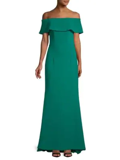 Shop Carmen Marc Valvo Infusion Off-the-shoulder Crepe Gown In Pine