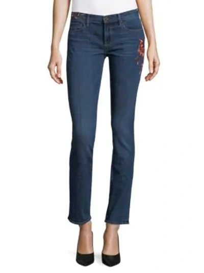 Shop Driftwood Audrey Floral Embroidered Jeans In Dark Blue