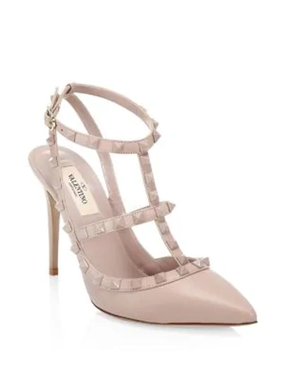Shop Valentino Rockstud Leather Slingback Pumps In Poudre