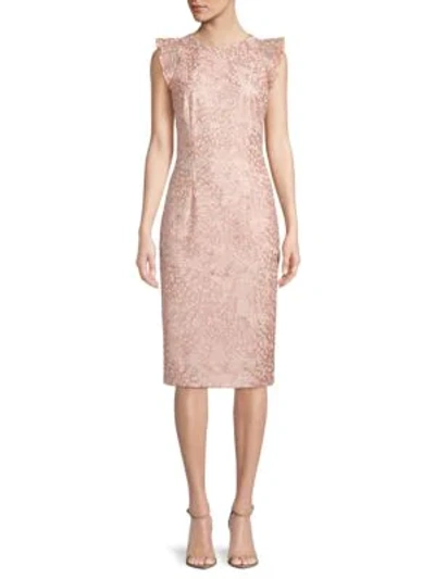 Shop Carmen Marc Valvo Infusion Flutter-sleeve Lace Dress In Blush