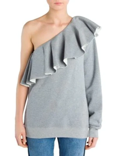 Shop Msgm One-shoulder Ruffle Sweatshirt In Heather Grey