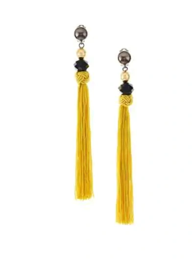 Shop Oscar De La Renta Long Beaded Tassel Clip-on Earrings In Ginger