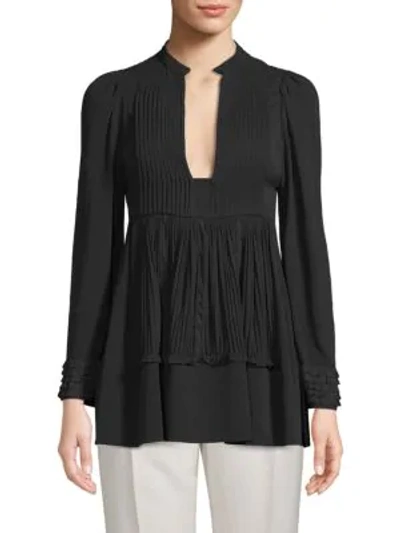 Shop Valentino Long-sleeve Pleated Top In Nero