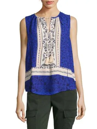 Shop Collective Concepts Printed Tassel Tank Top In Cream Blue