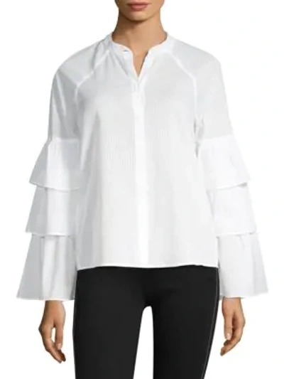 Shop Bcbgmaxazria Tiered Ruffle Sleeve Blouse In White