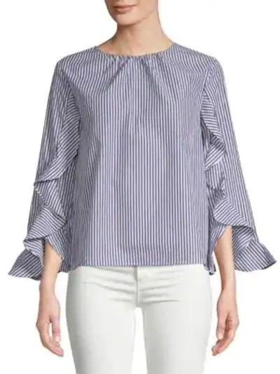 Shop Collective Concepts Ruffle Sleeve Top In Blue White