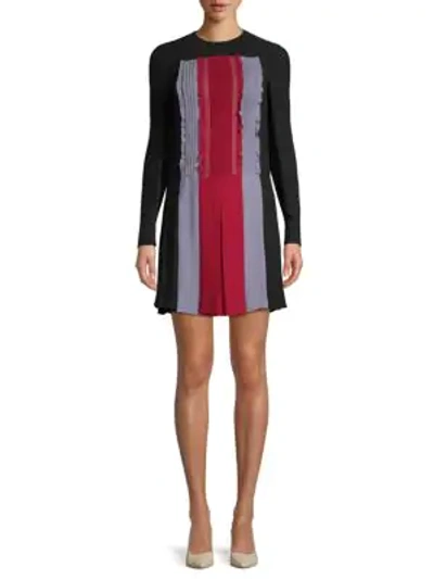 Shop Valentino Pleated Long-sleeve Silk Dress In Nero Multi