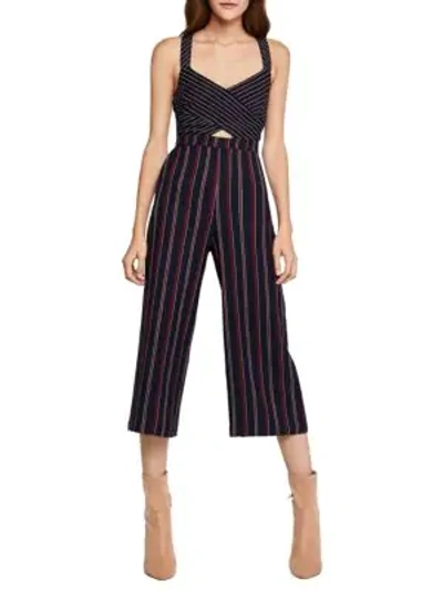 Shop Bcbgeneration Striped Mixed-media Cropped Jumpsuit In Navy