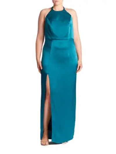 Shop Abs By Allen Schwartz Plus Open-back Halter Gown In Peacock