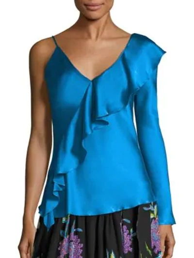 Shop Diane Von Furstenberg Asymmetrical Sleeve Ruffled Front Blouse In Turquoise