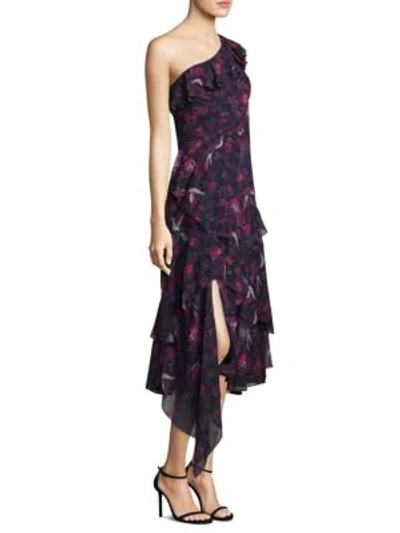 Shop Tanya Taylor Women's Isua Floral Ruffled Silk Midi Dress In Navy Raspberry
