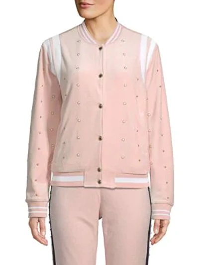 Shop Juicy Couture Black Label Faux Pearl-embellished Velour Bomber Jacket In Soft Glow