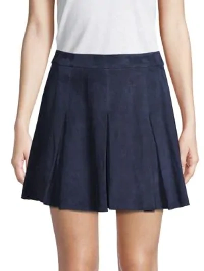 Shop Alice And Olivia Lee Pleated Suede Mini Skirt In Navy