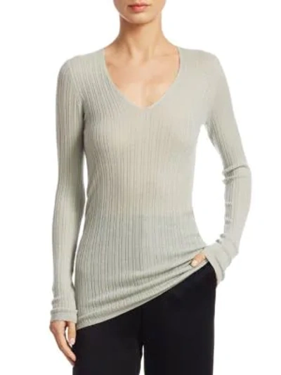 Shop Vince Mixed Rib-knit Cashmere Sweater In Moonstone
