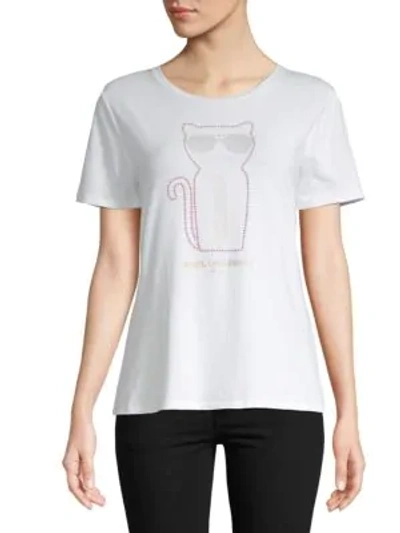 Shop Karl Lagerfeld Faux Pearl Heatset Cat Short-sleeve Tee In White Rosegold