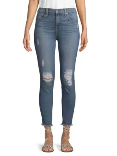 Shop 7 For All Mankind Distressed Cropped Jeans In Blue