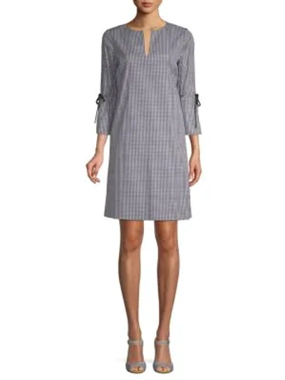 Shop Lafayette 148 Deandra Gingham Split-neck Dress In Black Multi