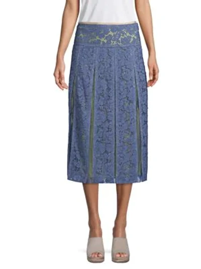 Shop Valentino Silk Lace Midi Skirt In Blue