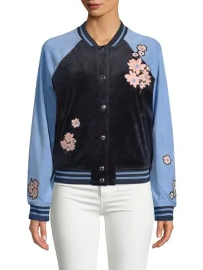 Shop Juicy Couture Black Label Floral-patch Velour Bomber Jacket In Regal