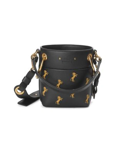 Shop Chloé Mini Little Horses Embroidered Leather Bucket Bag In Black