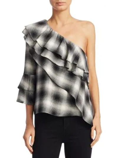 Shop Alice And Olivia Hilaria One-shoulder Bell-sleeve Tiered Ruffled Asymmetric Plaid Top In Black White