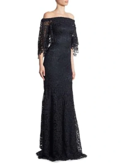Shop Theia Off-the-shoulder Lace Trumpet Gown In Midnight