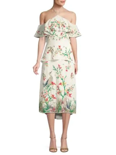 Shop Alice And Olivia Golda Floral Cold Shoulder Midi Dress In Cream Multi