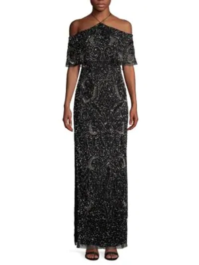 Shop Aidan Mattox Embellished Cold-shoulder Gown In Black Silver