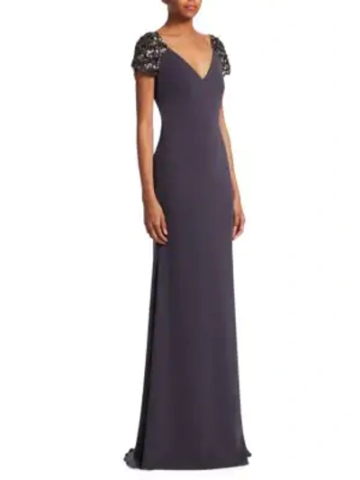 Shop Badgley Mischka Beaded Cap-sleeve Gown In Charcoal