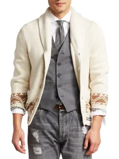 Shop Brunello Cucinelli Fairisle Wool-blend Cardigan Jumper In White